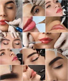 Collage with different photos of women undergoing permanent makeup procedures