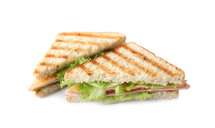 Tasty sandwich with ham on white background