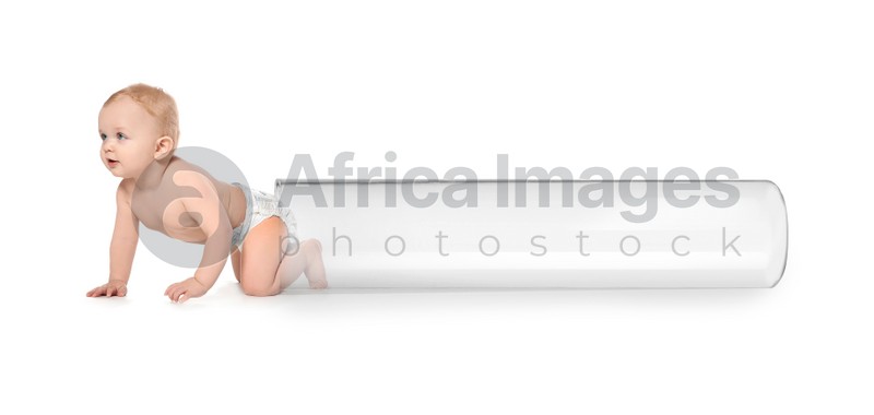 Little baby and test tube on white background, banner design. Reproductive medicine
