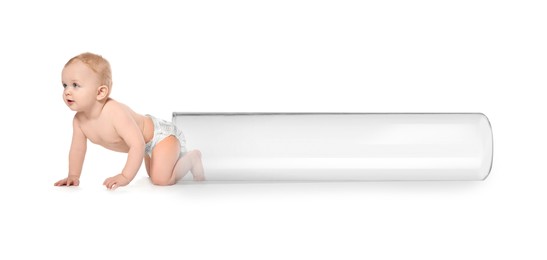 Little baby and test tube on white background, banner design. Reproductive medicine