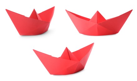 Set with red paper boats on white background