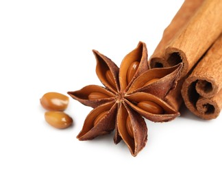 Dry anise star and cinnamon sticks on white background, closeup