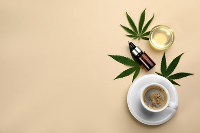 CBD oil, THC tincture, cup of coffee and hemp leaves on beige background, flat lay. Space for text