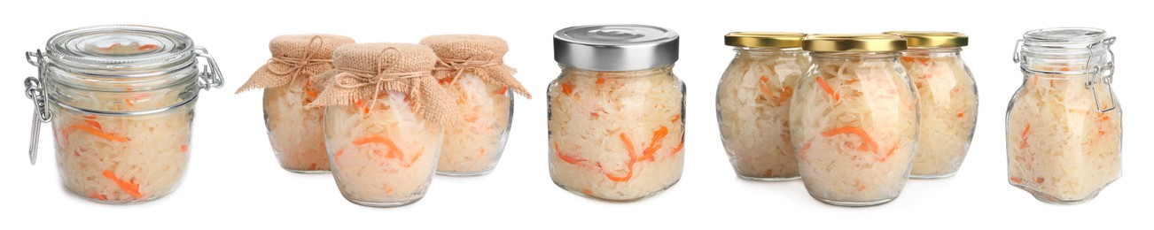 Set with tasty fermented cabbage with carrot on white background. Banner design