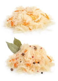 Tasty fermented cabbage with carrot on white background, collage