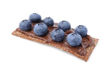 Photo of Fresh crunchy rye crispbread with chocolate spread and blueberries isolated on white