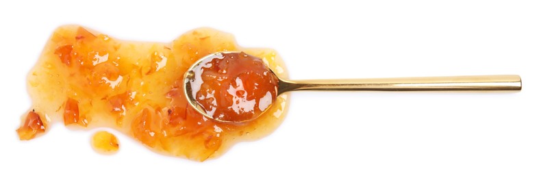 Spoon with delicious apple jam on white background, top view