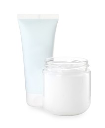 Jar and tube of hand cream on white background