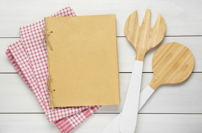 Photo of Blank recipe book and kitchen utensils on white wooden table, flat lay. Space for text