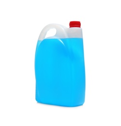 Photo of Plastic canister with liquid for car on white background
