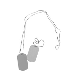 Military ID tags on white background