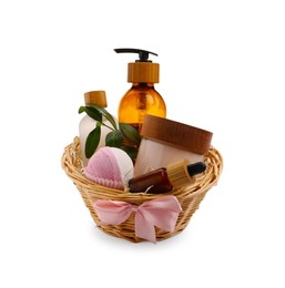 Spa gift set of different luxury products in wicker basket on white background