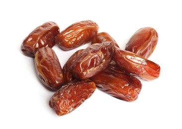 Heap of tasty sweet dried dates on white background