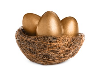 Nest with golden eggs isolated on white. Pension concept