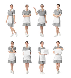 Collage with photos of chambermaid on white background