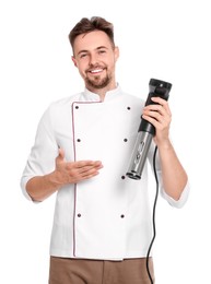Smiling chef holding sous vide cooker on white background