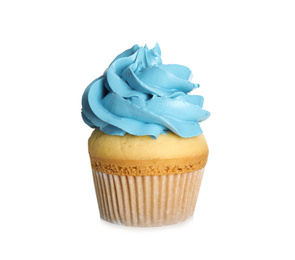 Photo of Delicious cupcake decorated with blue cream isolated on white. Birthday treat