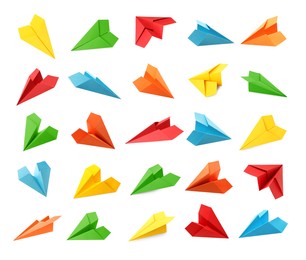 Set with handmade different color paper planes on white background