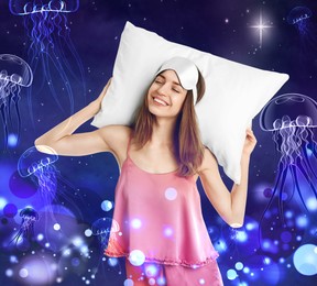Beautiful woman dreaming about fantastic underwater world while sleeping, night starry sky with full moon on background 