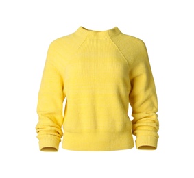 Photo of Stylish knitted yellow sweater isolated on white
