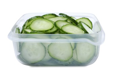 Fresh sliced cucumbers in plastic container isolated on white