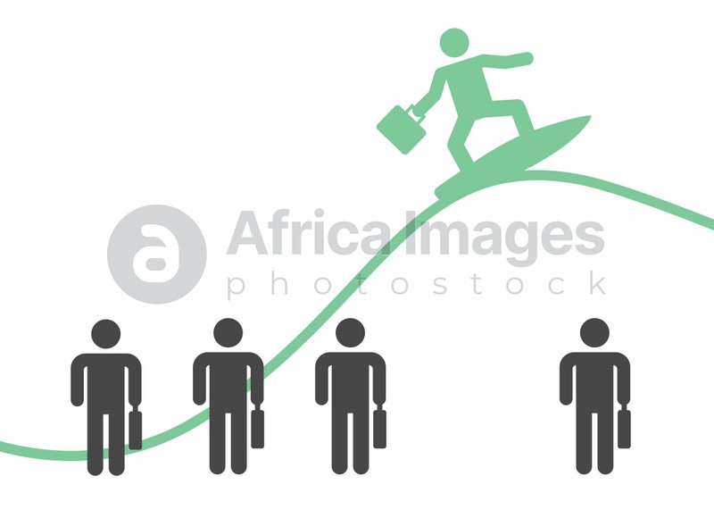 Competition concept. Office workers and one surfing on white background. Illustration