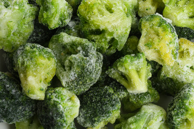 Frozen broccoli florets as background, closeup. Vegetable preservation