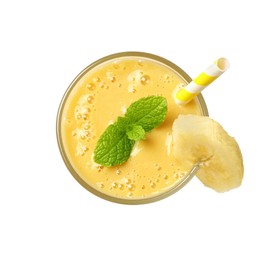 Photo of Glass of tasty banana smoothie isolated on white, top view