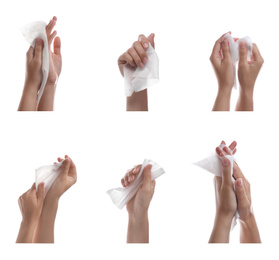 Closeup view of people cleaning hands with wet wipes on white background, collage