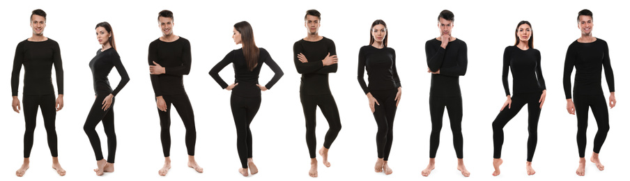 Image of Collage of people wearing thermal underwear isolated on white
