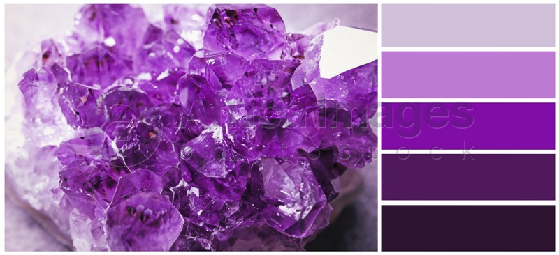 Color palette appropriate to photo of beautiful purple amethyst gemstone on table, closeup