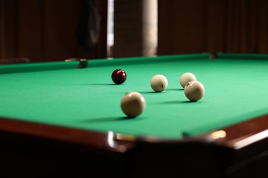 Photo of Many billiard balls on green table indoors