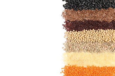 Various raw veggie seeds on white background, top view