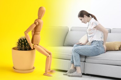 Wooden human figure on cactus and woman suffering from hemorrhoid at home, collage with photos 