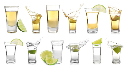 Set of different Mexican Tequila shots on white background