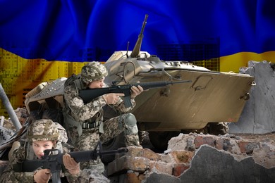 Stop war in Ukraine. Defenders and military tank protecting city. Double exposure of Ukrainian flag and houses under sky