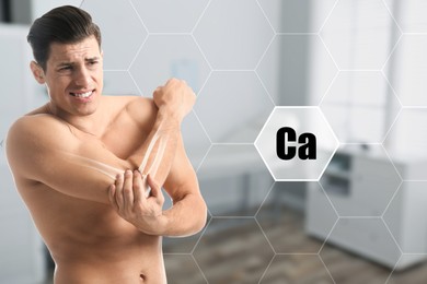 Role of calcium for human. Man suffering from pain in elbow, digital compositing with illustration of arm bone