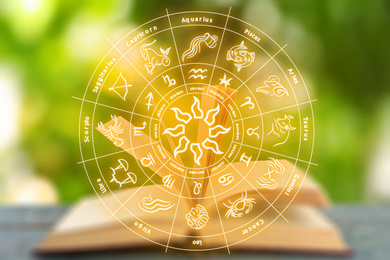 Open book on table and illustration of zodiac wheel with astrological signs against blurred green background
