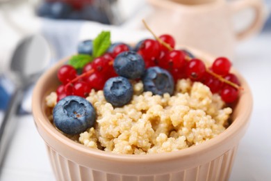 Bowl of delicious cooked quinoa with blueberries and cranberries , closeup