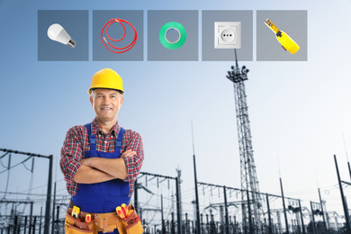 Mature electrician and set of tools against substation