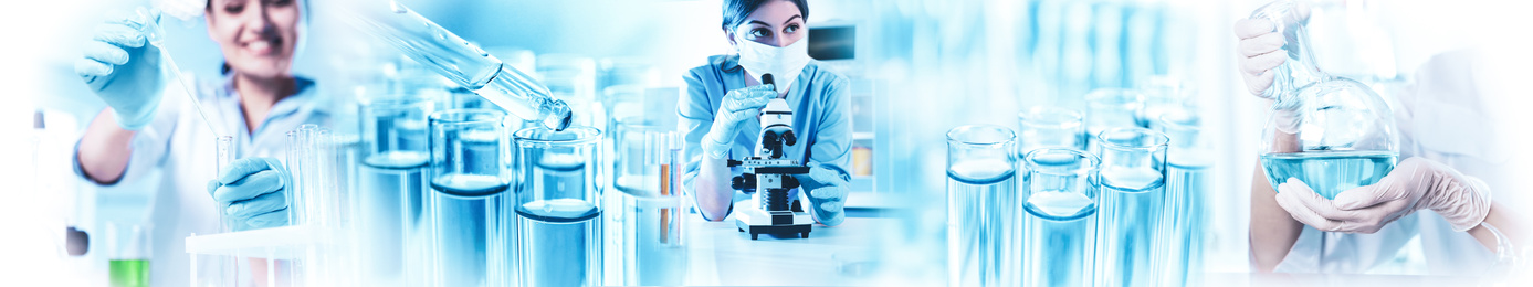 Multiple exposure of scientists doing sample analysis in laboratory and test tubes, banner design