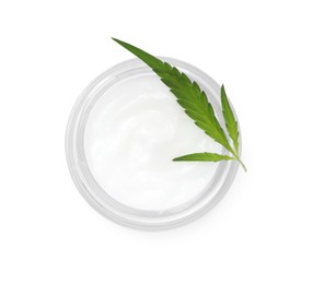 Jar with hemp cream and green leaf on white background, top view. Natural cosmetics
