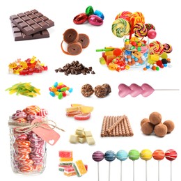 Collection of different delicious confectionery on white background