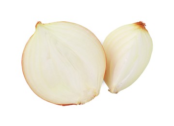 Photo of Pieces of fresh onion on white background, top view