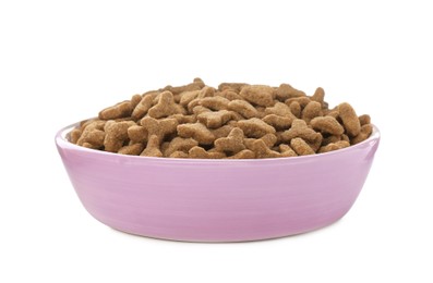 Photo of Dry food in violet pet bowl isolated on white
