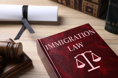 Immigration law book and gavel on wooden table