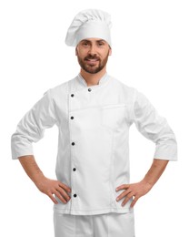 Photo of Smiling mature male chef on white background