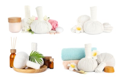 Set with herbal massage bags and different spa supplies on white background