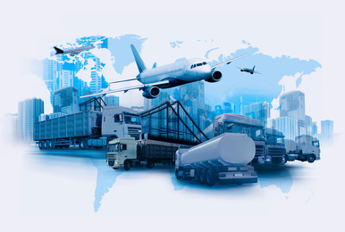 Image of Logistics concept. Multiple exposure of different transports and world map, toned in blue