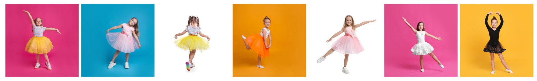 Collage with photos of cute little girls dancing on different color backgrounds. Banner design